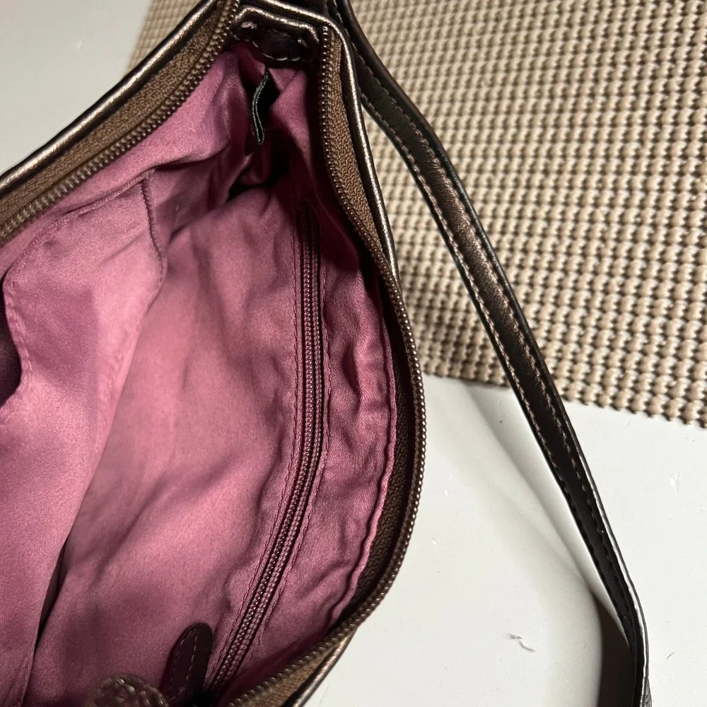 Coach Purple Brown Op Art Circle Satin Crossbody Bag Metallic Bronze Trim
